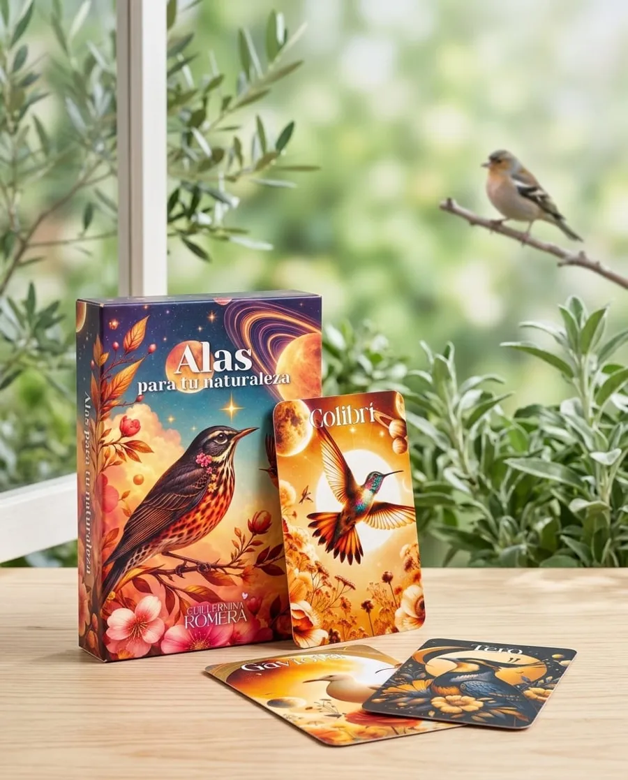 Caja del oráculo Alas para tu Naturaleza de Guillermina Romera, con las cartas Colibrí, Gaviota y Tero sobre una mesa junto a una ventana
